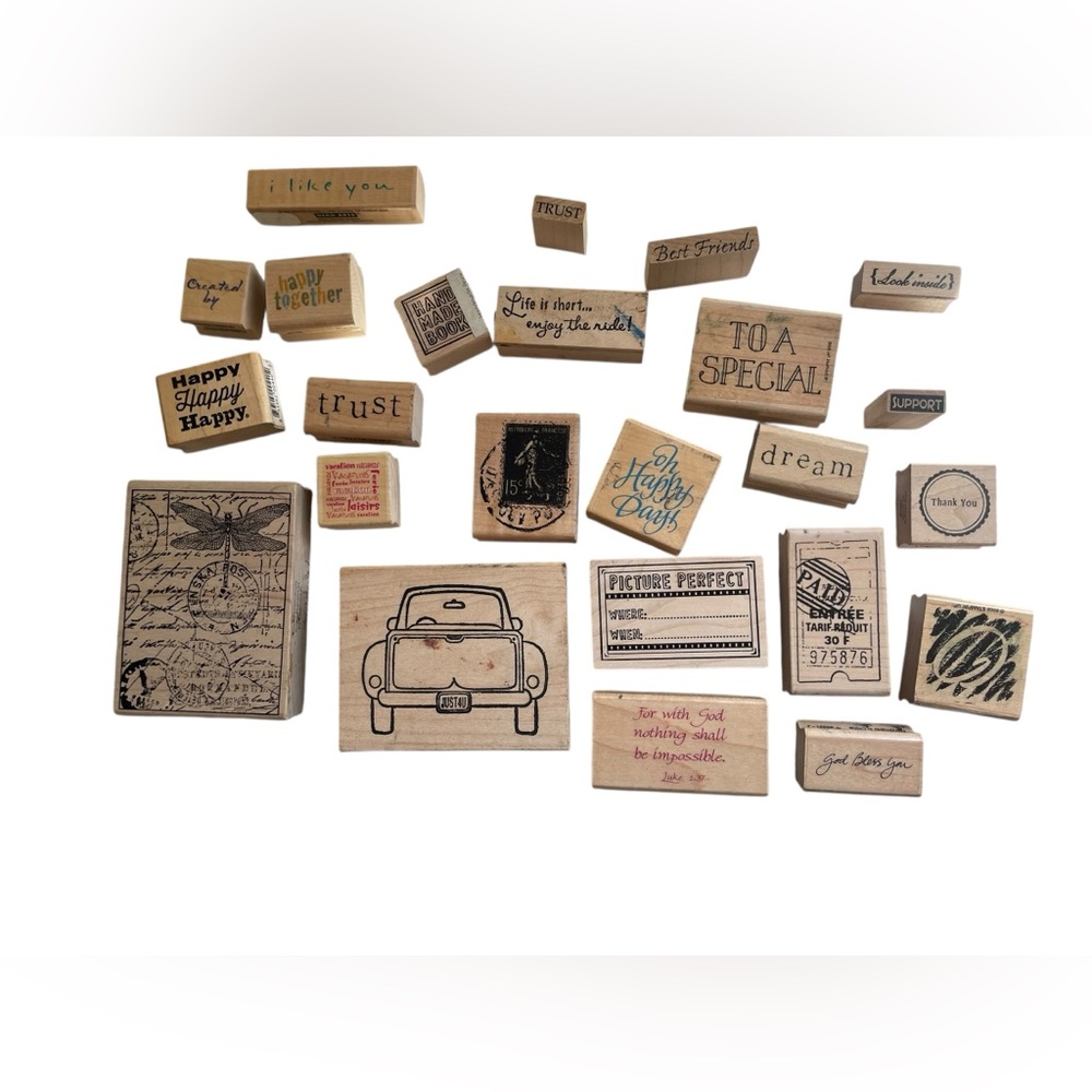 Lot 24 Wood Mounted Rubber Stamps Mixed Phrases Sentiments Vintage Car Craft DIY